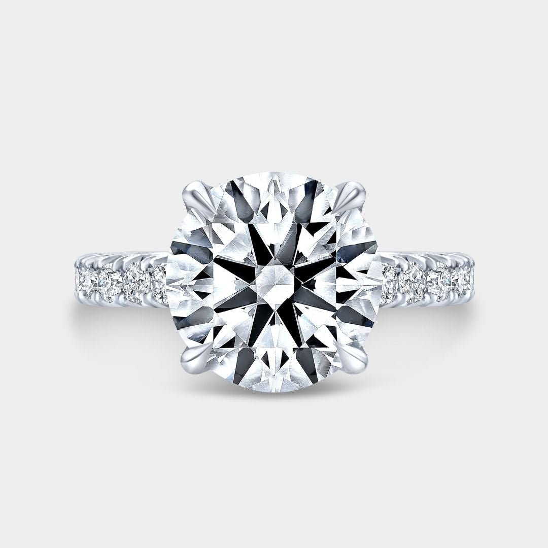 Round Diamond Tulip Basket 4 Prong Tapered Cathedral French Pave Platinum Engagement Ring