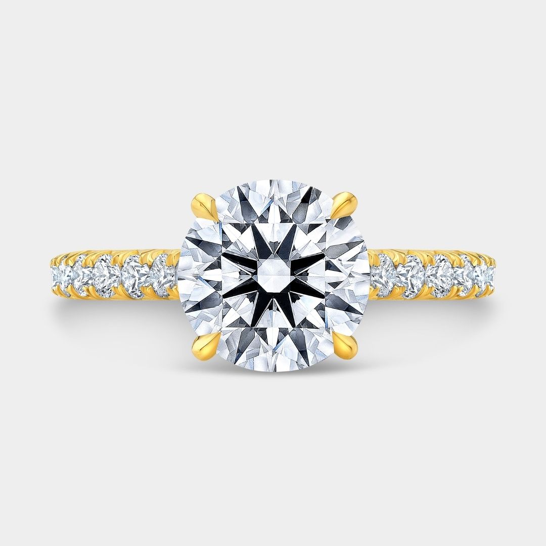 Round Diamond 4 Prong Hidden Halo Cathedral French Pave Yellow Gold Engagement Ring