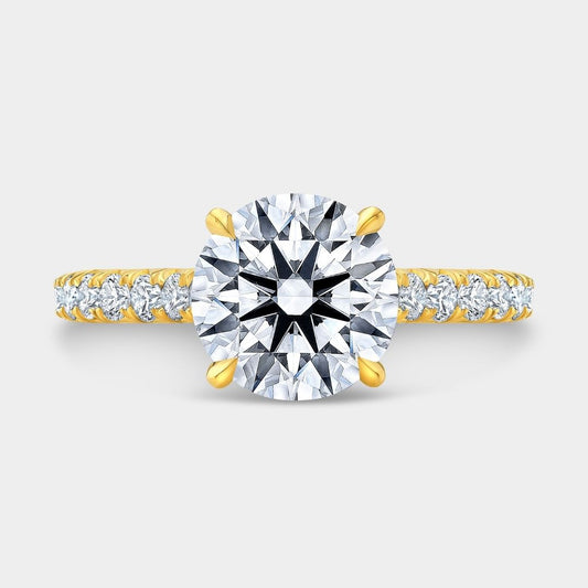 Round Diamond 4 Prong Hidden Halo Cathedral French Pave Yellow Gold Engagement Ring