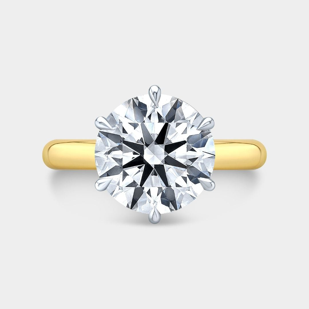 Round Diamond Tulip Basket 6 Prong Tapered Cathedral Solitaire Yellow Gold And Platinum Engagement Ring