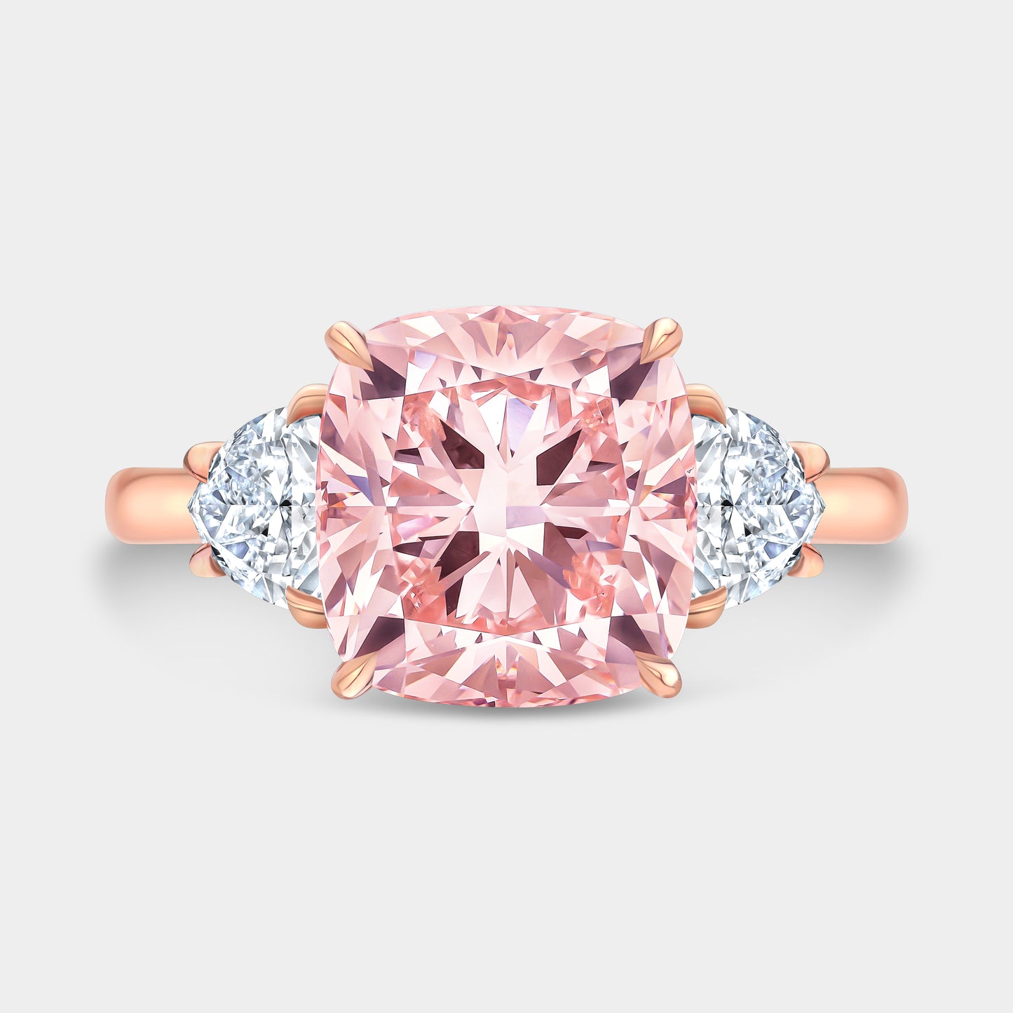 4ct Lab Grown Pink Cushion Cut Diamond 3 Stone Engagement Ring with Trillions