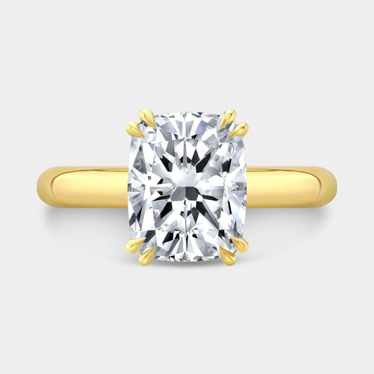Cushion Diamond Curved Bar Hidden Halo Solitaire Yellow Gold Engagement Ring