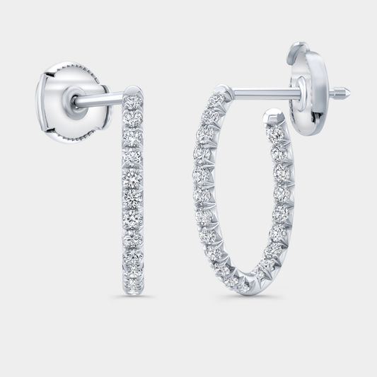 Natural Round Diamond Oval Shape Inside & Out French Pave White Gold Hoop Earrings