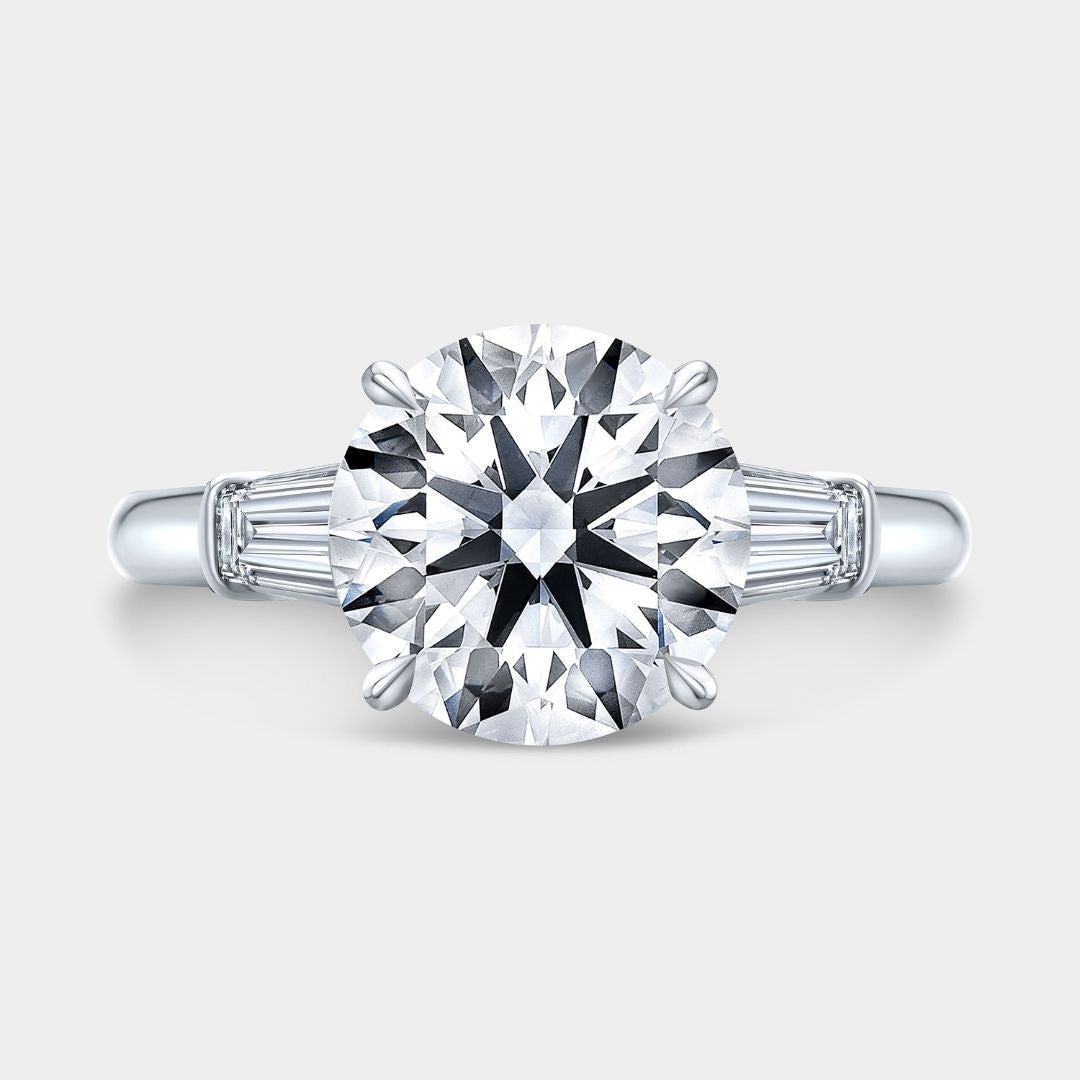 Round Diamond 3 Stone Ring with Tapered Baguette Side Stones Platinum Engagement Ring