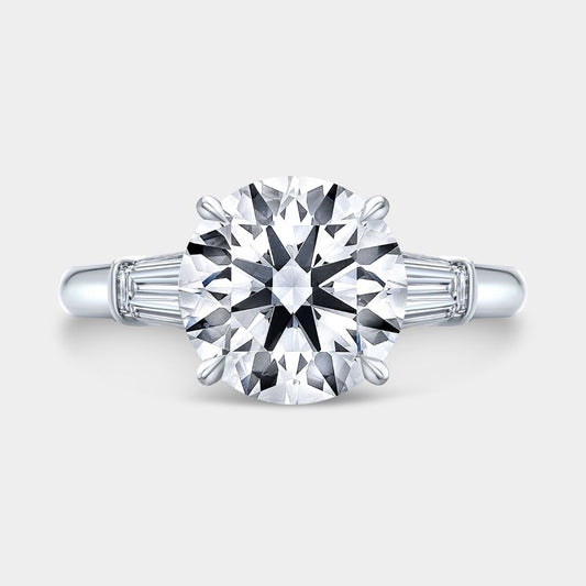 Round Diamond 3 Stone Ring with Tapered Baguette Side Stones Platinum Engagement Ring