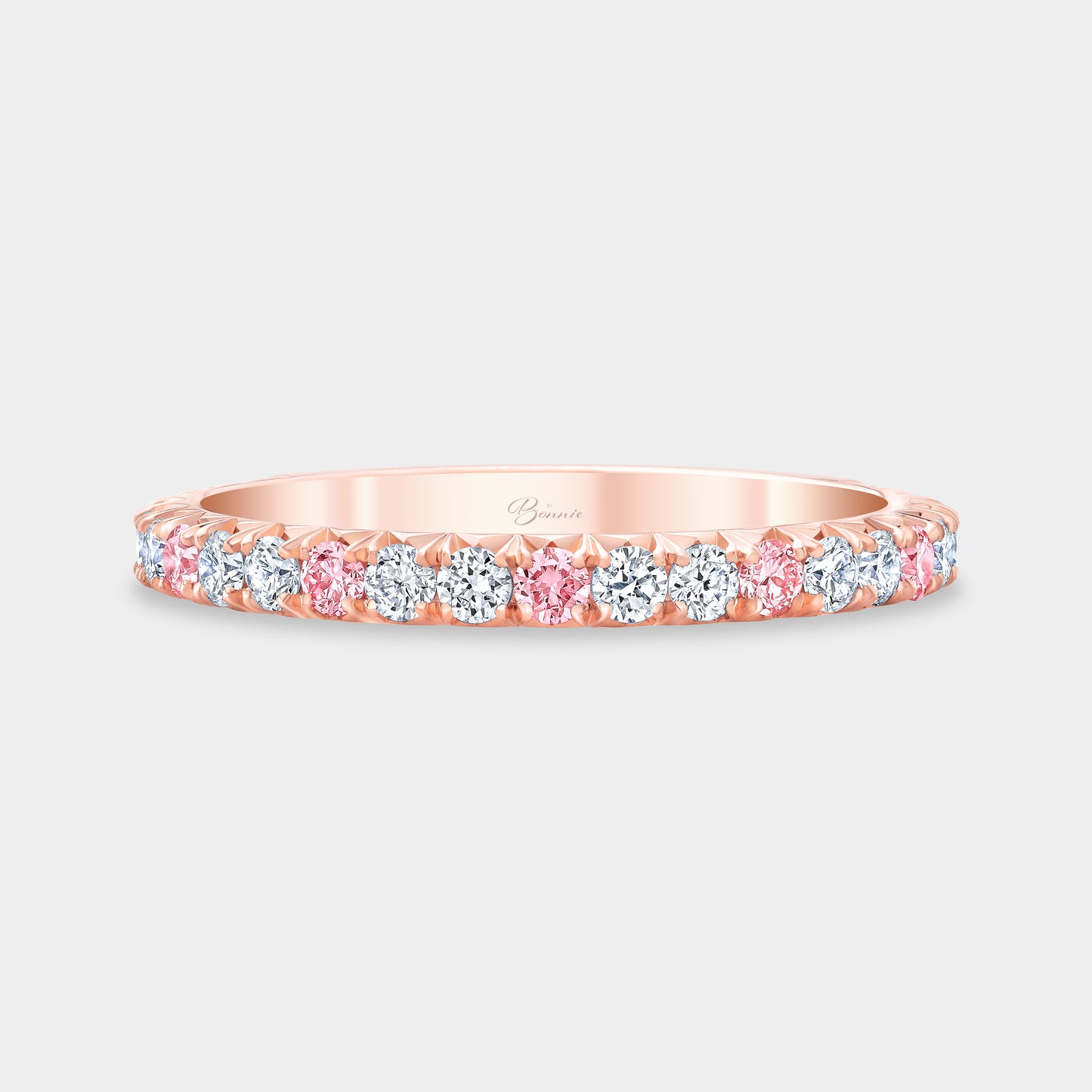 Lab Pink White Diamonds French Pave Wedding Band