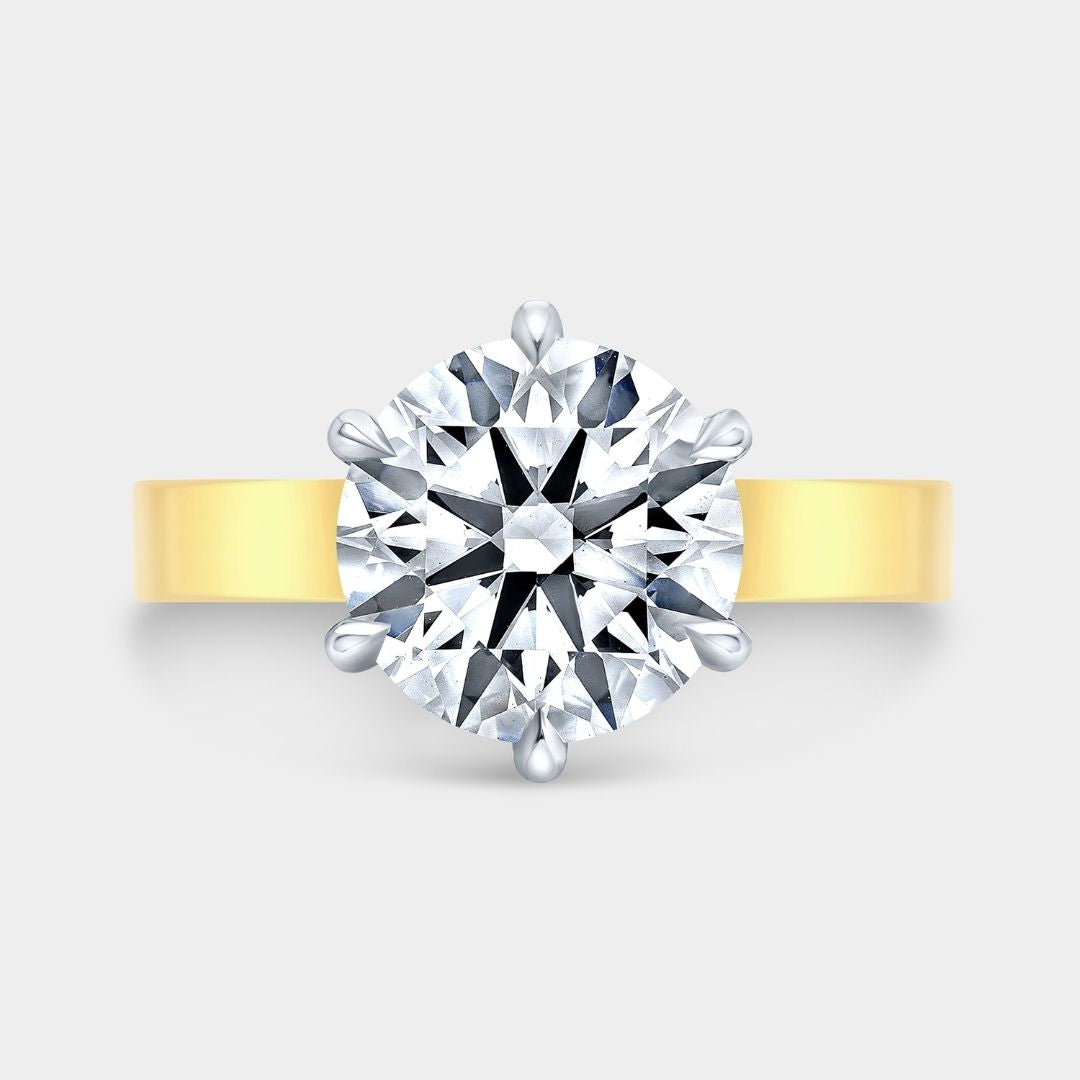 Round Diamond 6 Straight Prong Flat Pipe Shank Solitaire Yellow Gold And Platinum Engagement Ring
