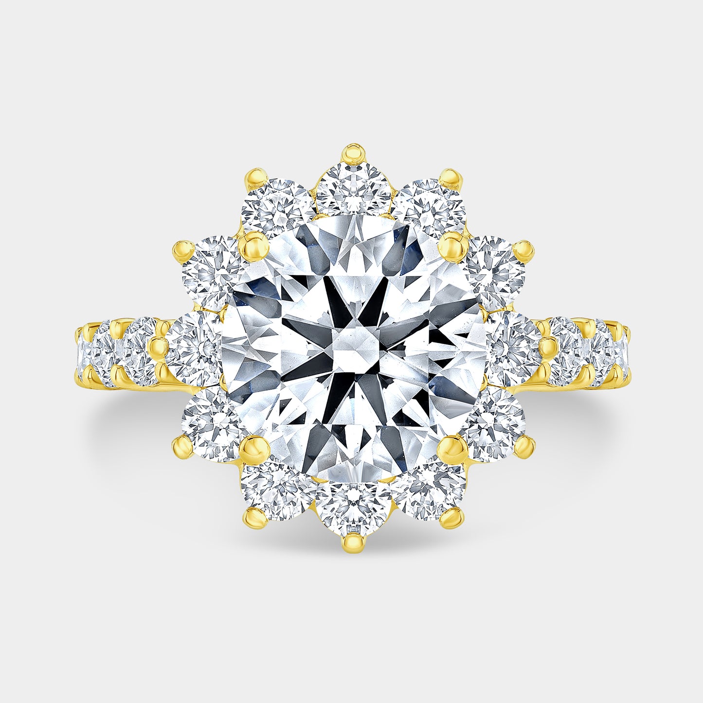 Round Diamond La Fleur Halo Shared Prong Band Yellow Gold Engagement Ring