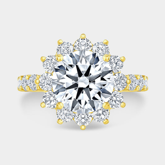 Round Diamond La Fleur Halo Shared Prong Band Yellow Gold Engagement Ring