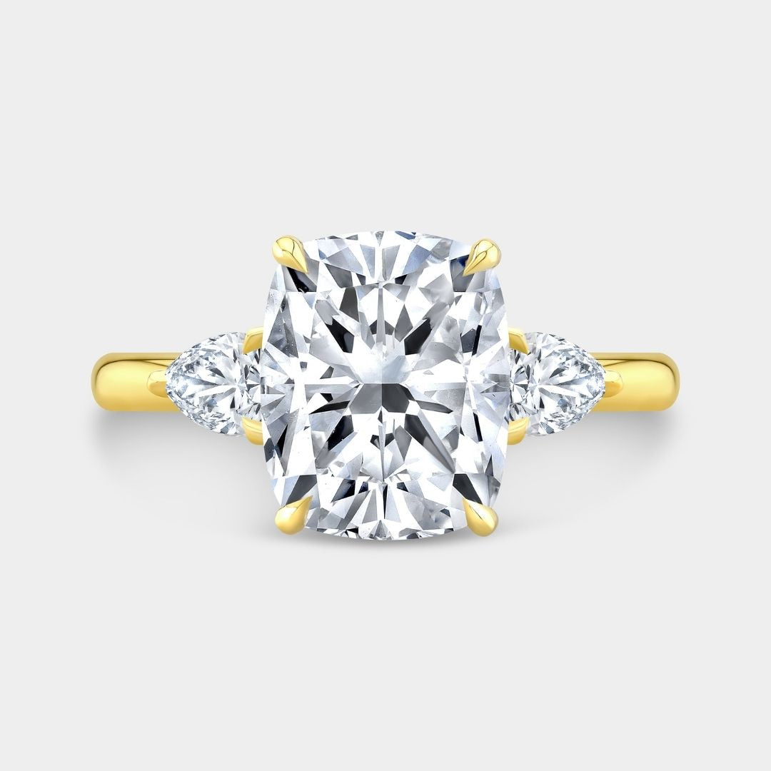 4ct Cushion Cut Diamond 3 Stone Ring with Pears and Hidden Halo Yellow Gold Engagement Ring