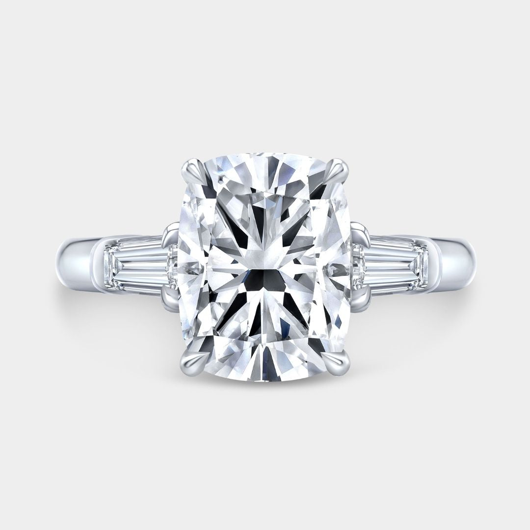 Cushion Diamond 3 Stone Ring with Tapered Baguette Side Stones Platinum Engagement Ring