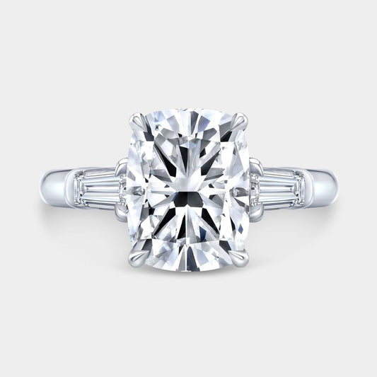 Cushion Diamond 3 Stone Ring with Tapered Baguette Side Stones Platinum Engagement Ring