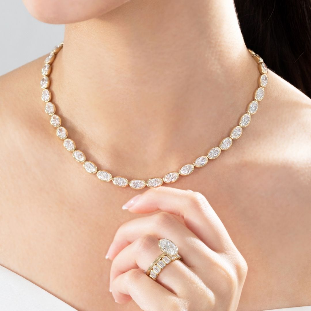 36ct Lab Oval Diamond Bezel Set East West Yellow Gold Tennis Necklace