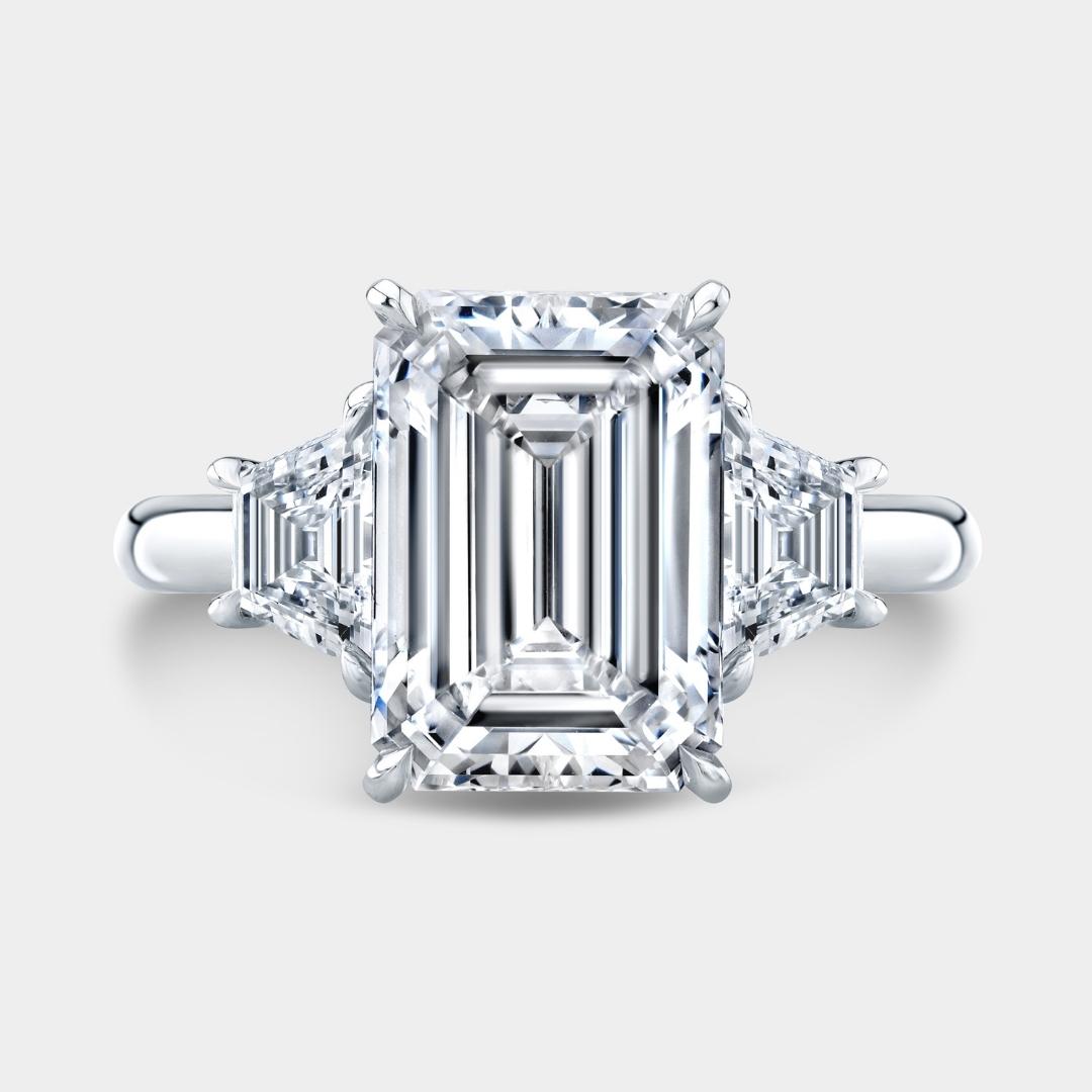 Emerald Diamond Trapezoid Three Stone Platinum Engagement Ring