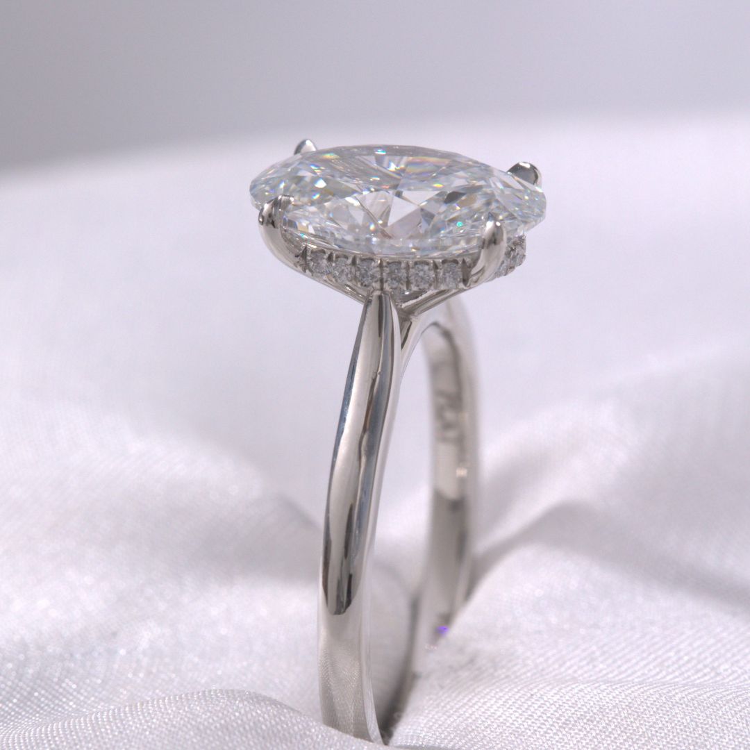 2.52ct Lab Grown Oval Diamond Hidden Halo Tapered Cathedral Solitaire Platinum Engagement Ring