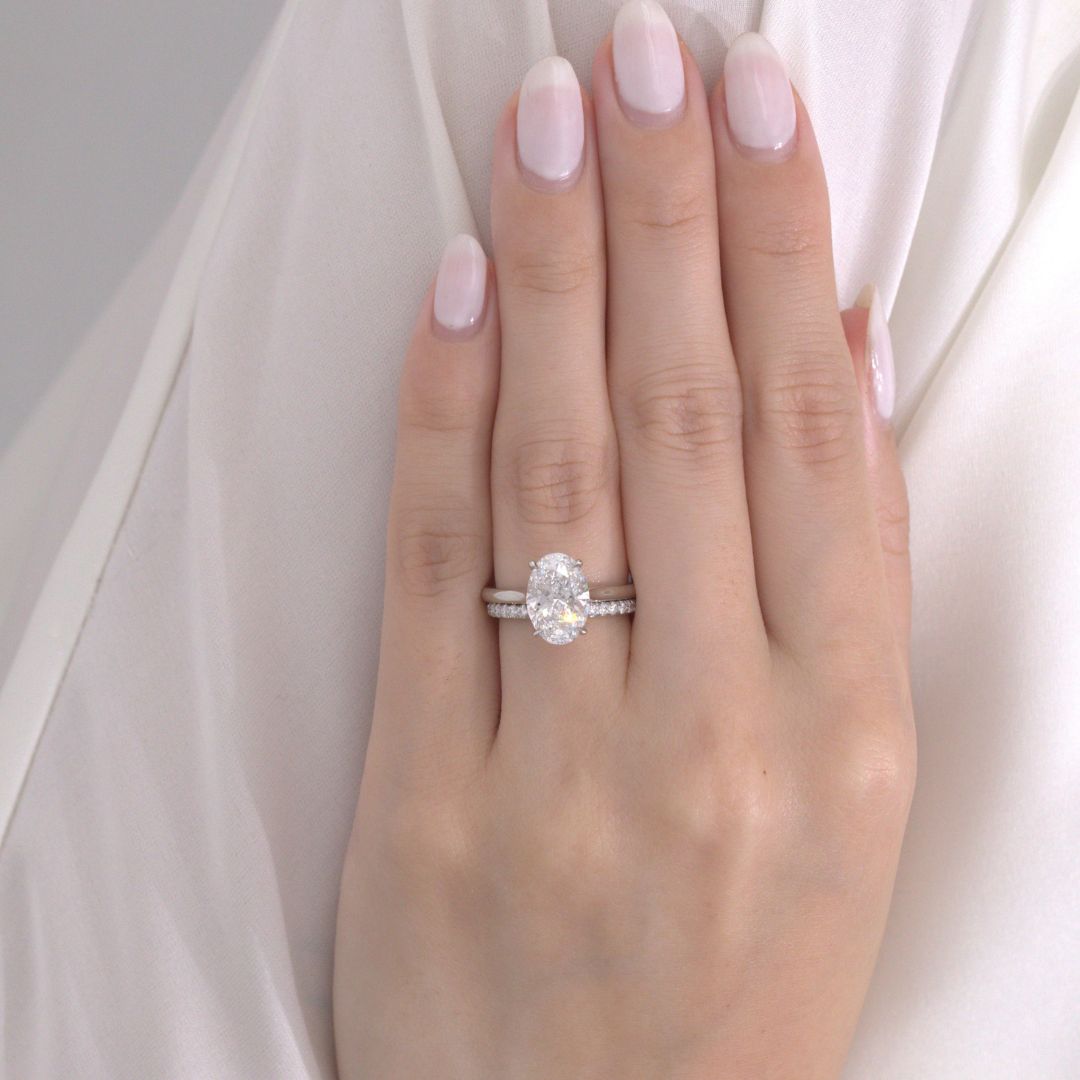 2.52ct Lab Grown Oval Diamond Hidden Halo Tapered Cathedral Solitaire Platinum Engagement Ring