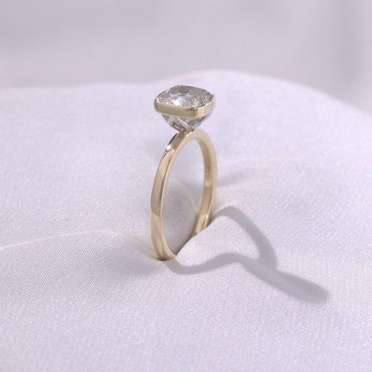Cushion Diamond Bezel Set Tulip Solitiare Yellow Gold And Platinum Engagement Ring