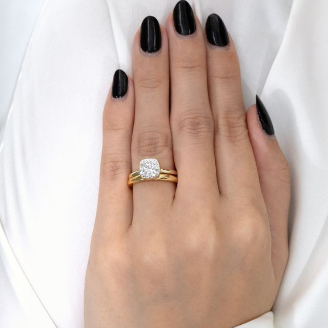 Cushion Diamond Bezel Set Tulip Solitiare Yellow Gold And Platinum Engagement Ring