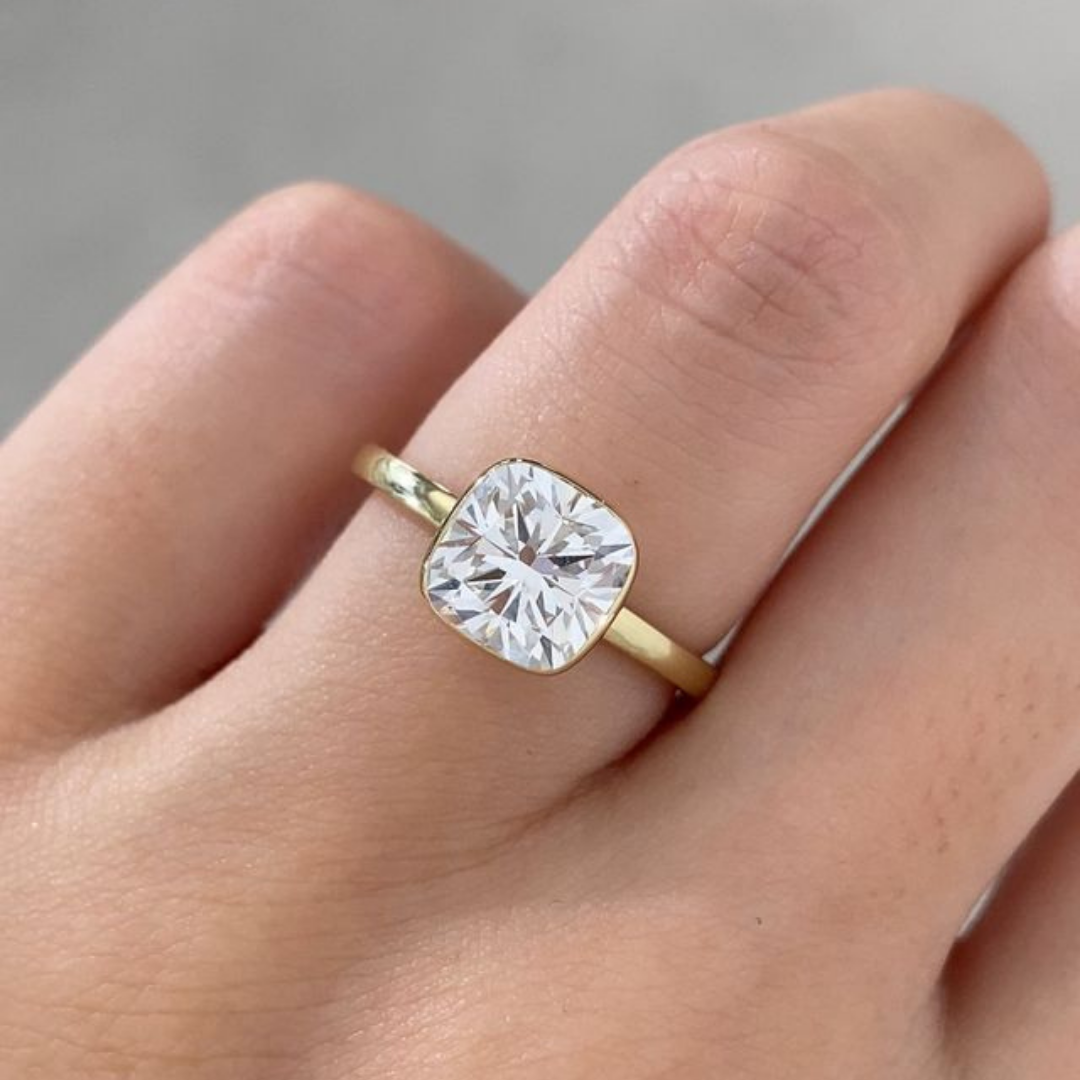 Cushion Diamond Bezel Set Tulip Solitiare Yellow Gold And Platinum Engagement Ring