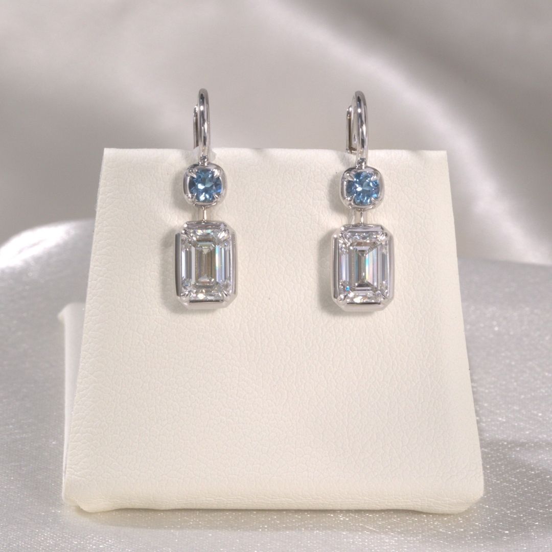 2ct Lab Grown Emerald Diamond & Natural Blue Aquamarine Double Drop Earrings