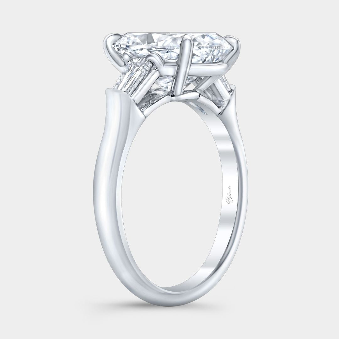 Cushion Diamond 3 Stone Ring with Tapered Baguette Side Stones Platinum Engagement Ring