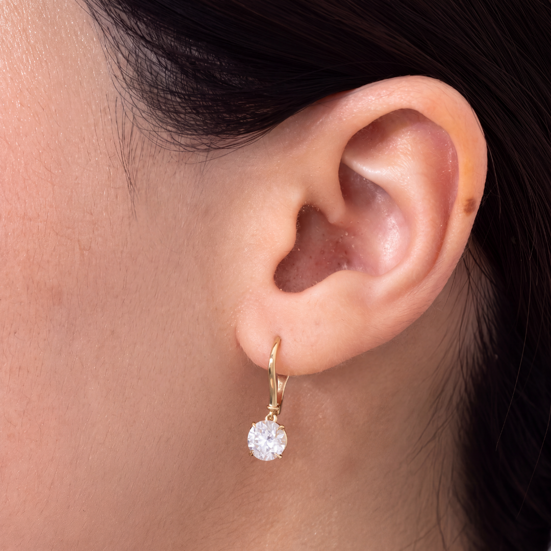 2ct Lab Grown Round Diamond 4 Prong Basket Yellow Gold Dangle Drop Earrings