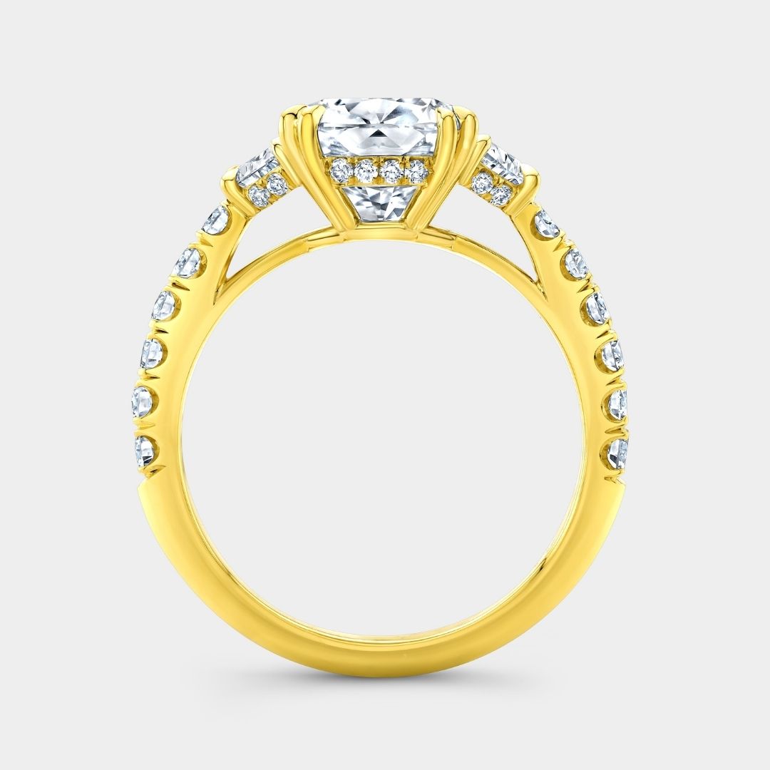 Cushion Diamond Hidden Halo U Pave with Half Moon Side Stones Yellow Gold Engagement Ring