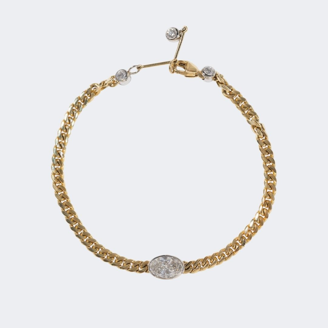 1ct Lab Grown Oval Diamond Bezel Cuban Chain Bracelet Yellow Gold and Platinum