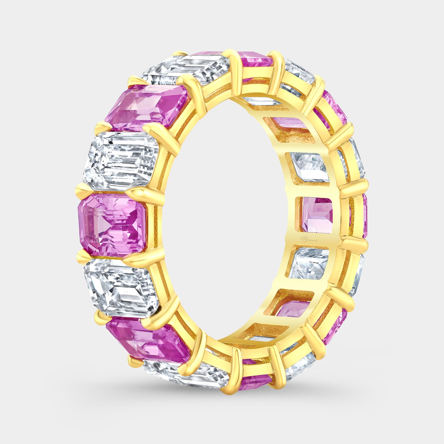 11ct Emerald Cut Pink Sapphire and Diamond 6.50mm Eternity Band