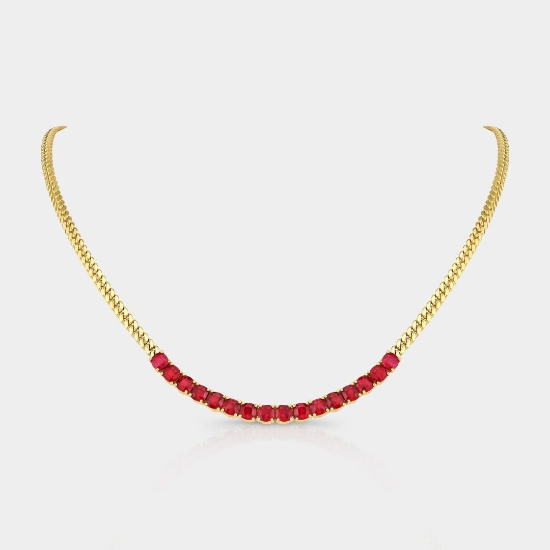 6ct Natural Cushion Cut Ruby Yellow Gold Cuban Tennis Necklace