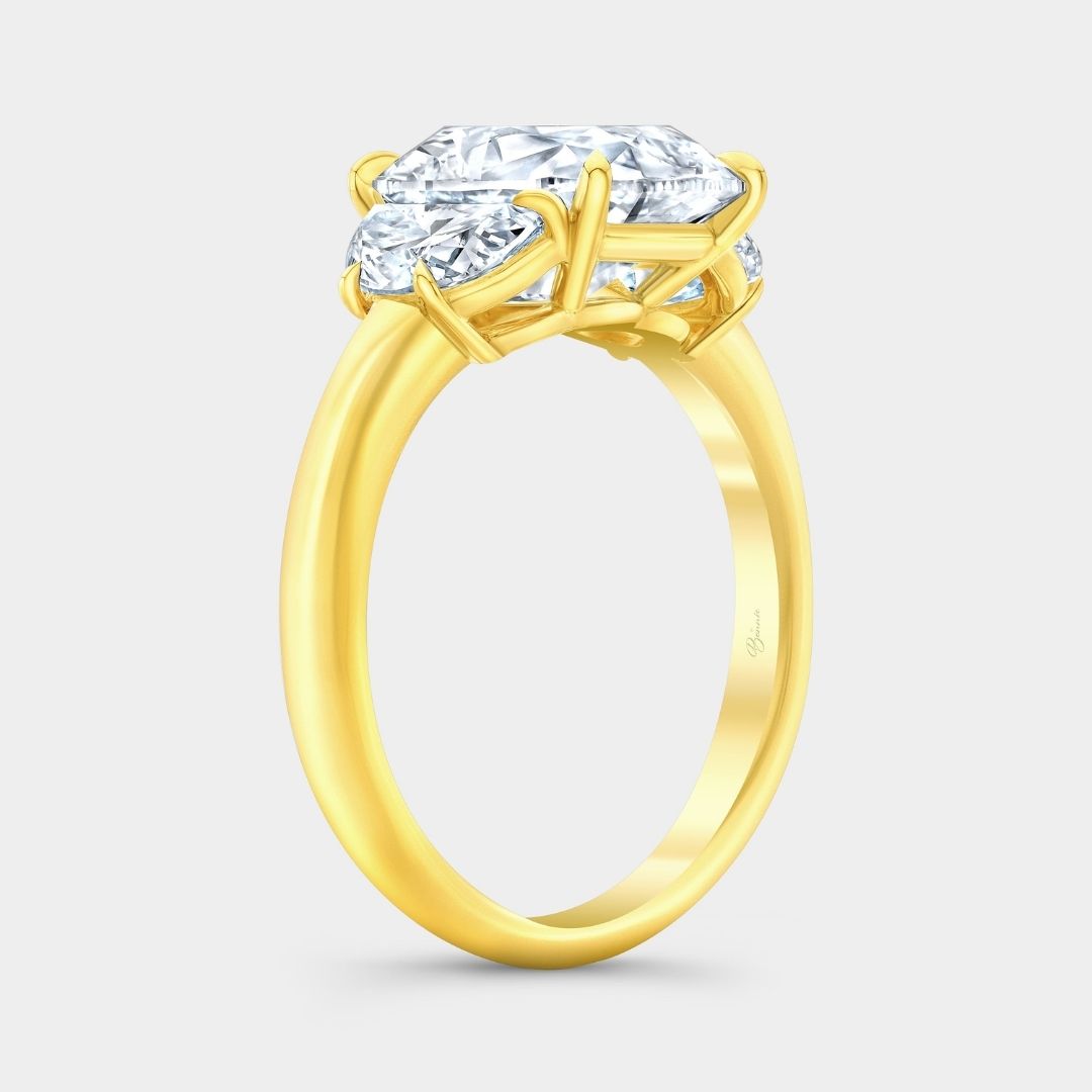 Cushion Diamond Old Mine with Half Moon Side Stones Yellow Gold Engagement Ring