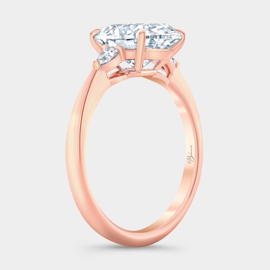 Oval Diamond 3 Stone Pear Shape Side Stones Rose Gold Engagement Ring