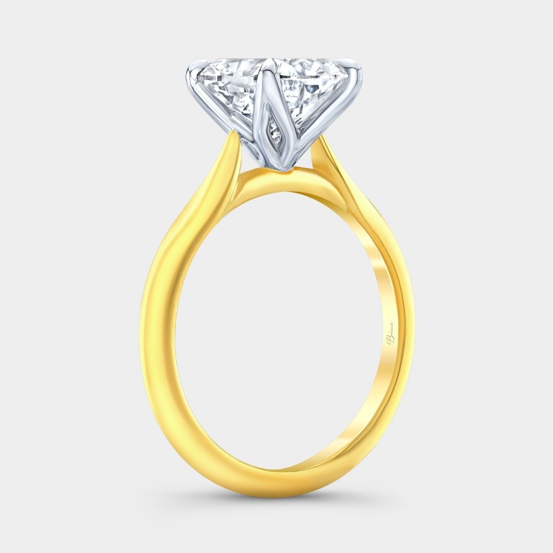 Cushion Diamond Tulip Low Tapered Cathedral Solitaire Yellow Gold And Platinum Engagement Ring