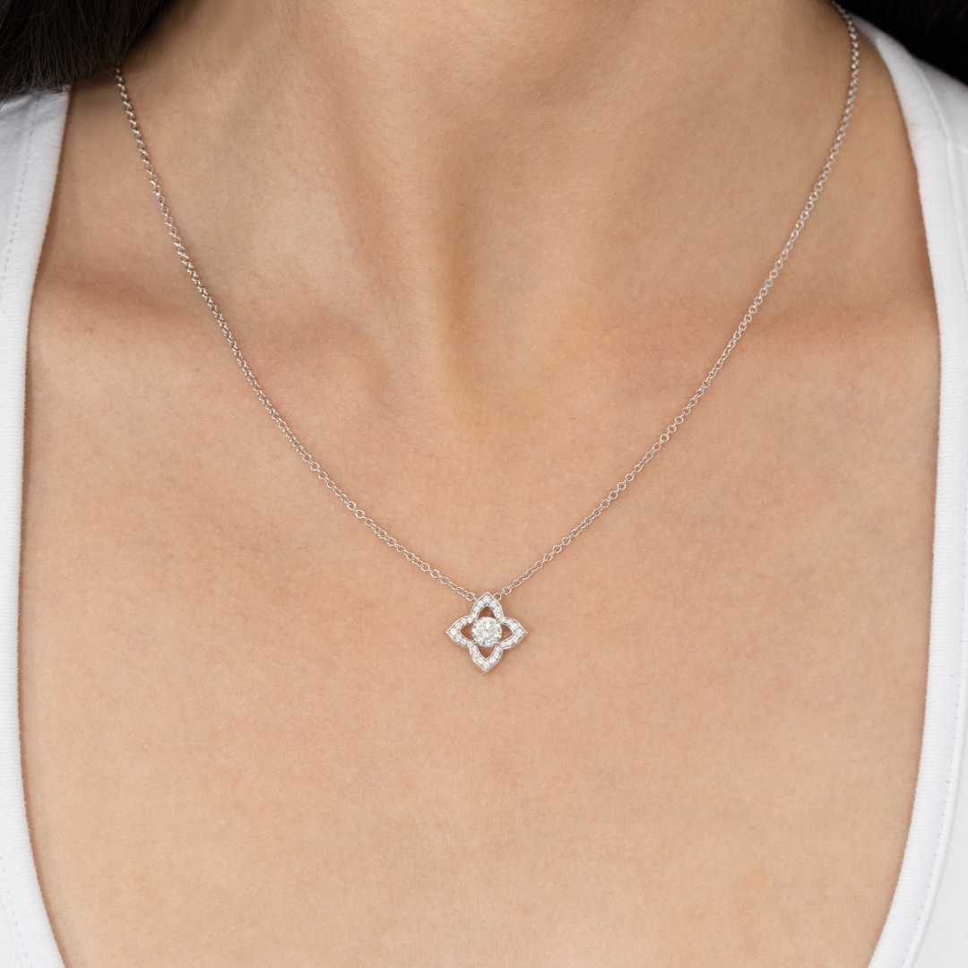 Natural Round Diamond Clover Pendant White Gold Necklace