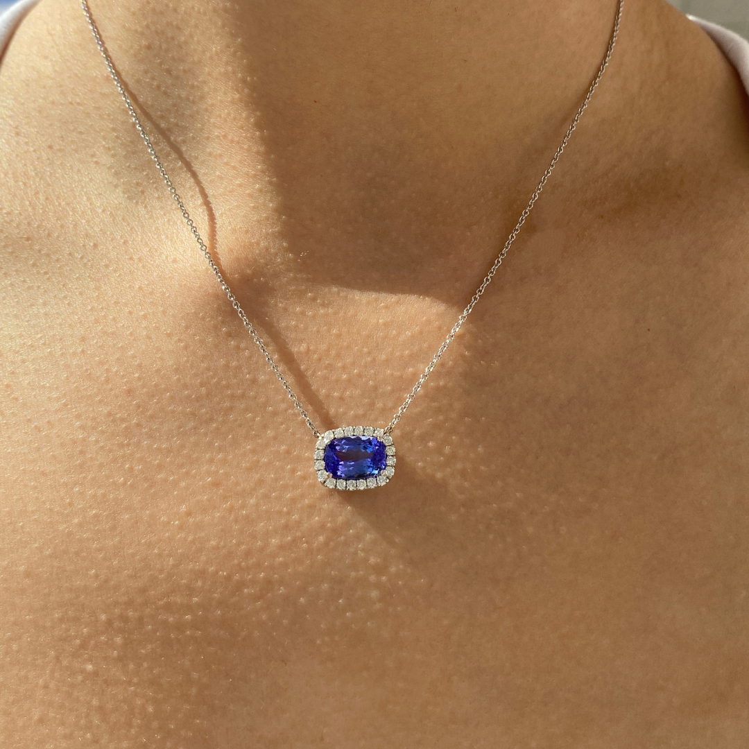 Natural Elongated Cushion Tanzanite Halo Pendant White Gold Necklace