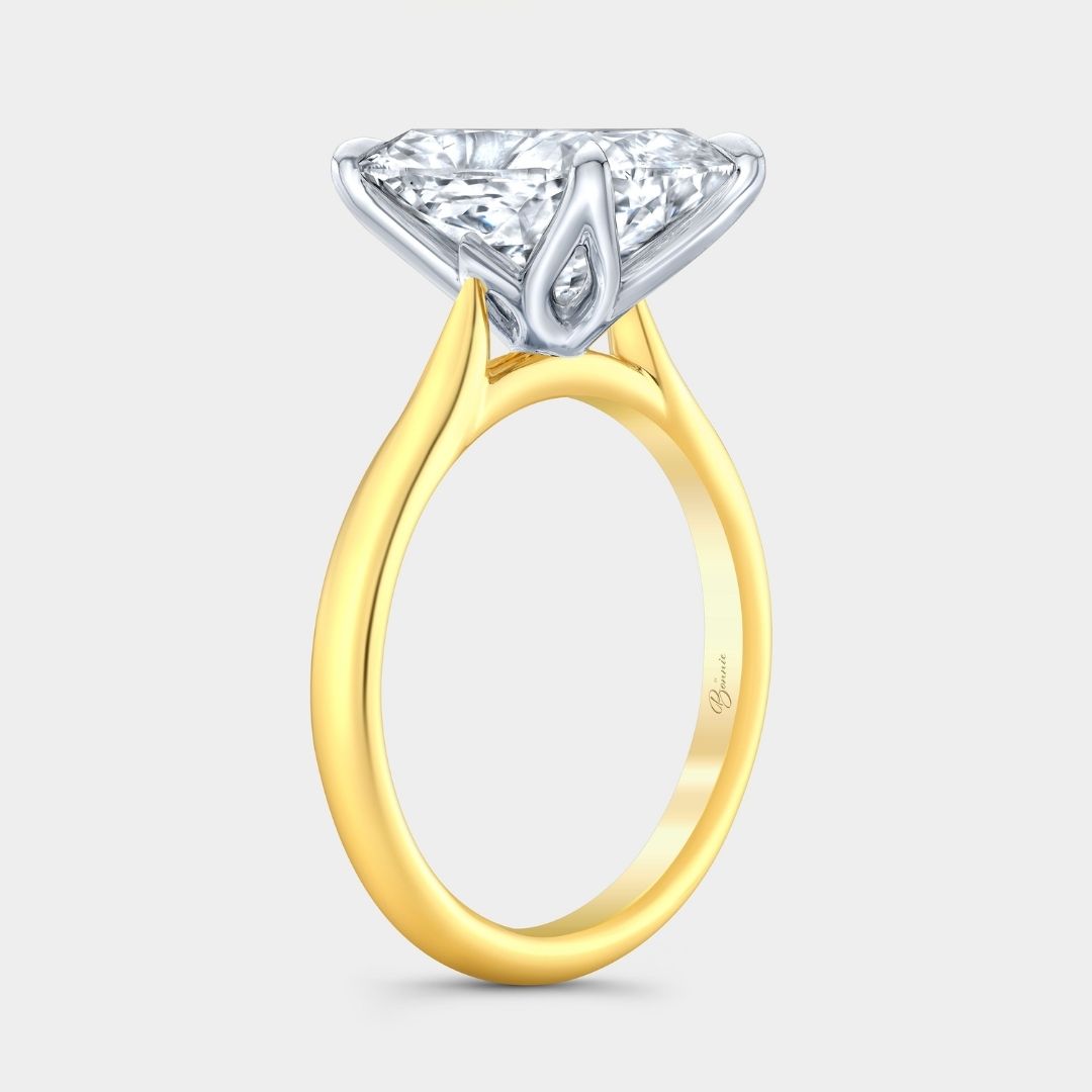 Cushion Diamond Tulip Tapered Cathedral Solitaire Yellow Gold And Platinum Engagement Ring