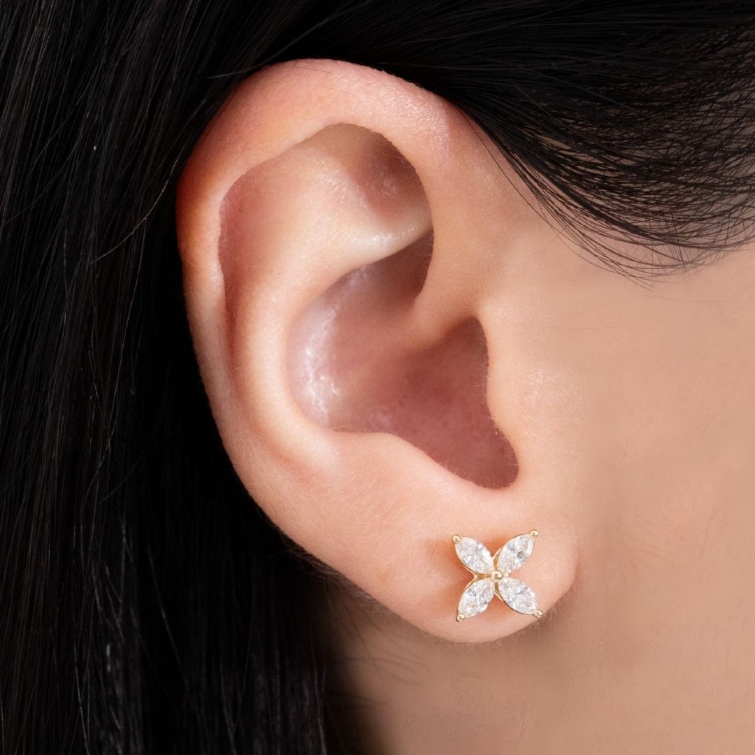 0.68ct Lab Grown Marquise Diamond La Fleur Stud Earrings Yellow Gold