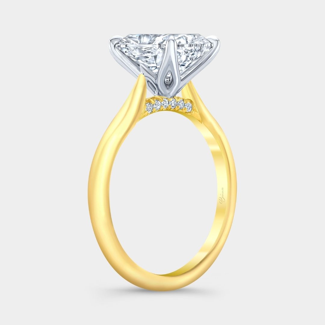 Cushion Diamond Tulip Basket Diamond Bridge Solitaire Yellow Gold And Platinum Engagement Ring