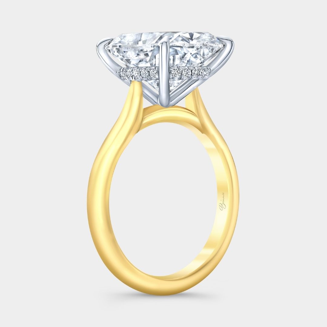 Cushion Diamond Hidden Halo Tapered Cathedral Solitaire Yellow Gold And Platinum Engagement Ring
