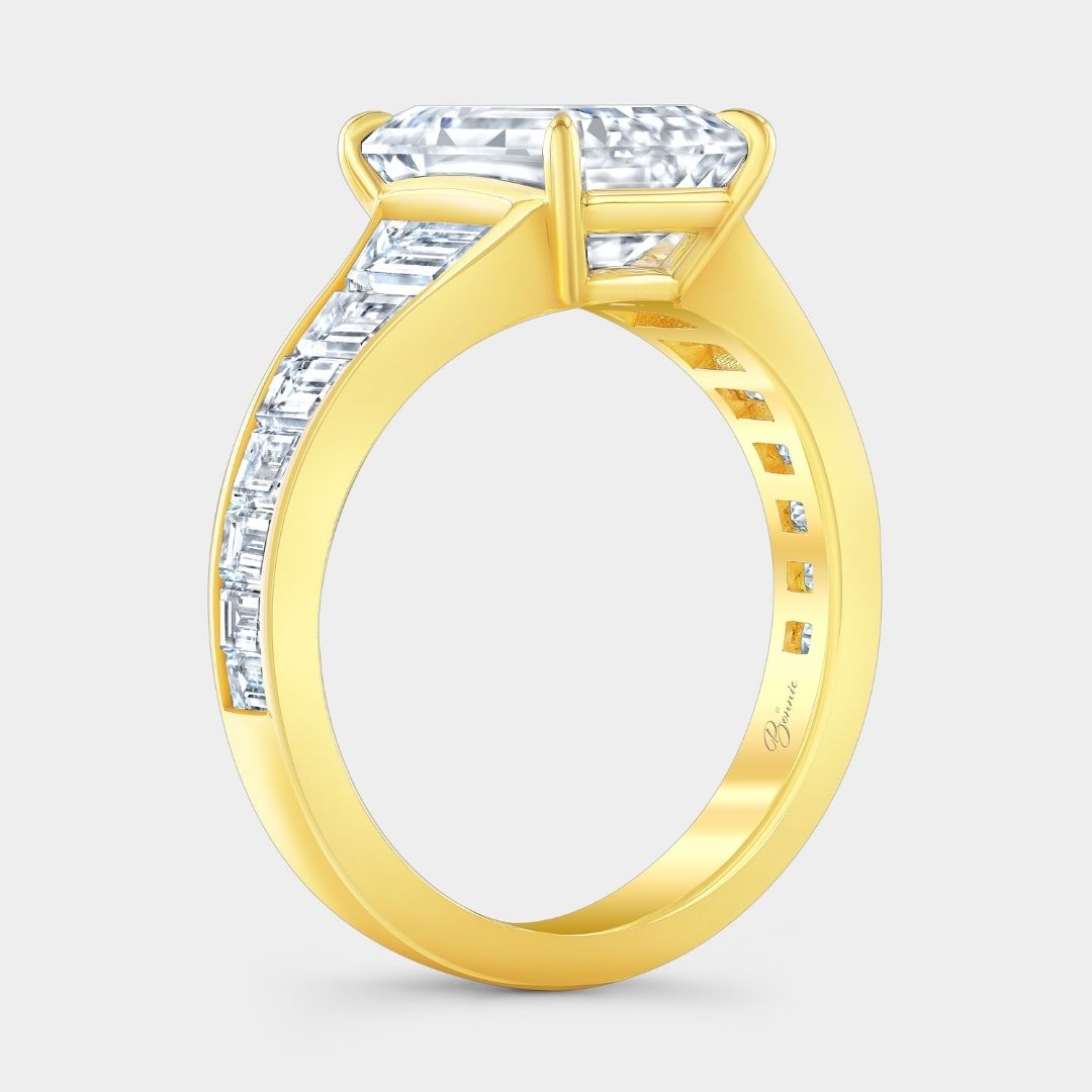 Emerald Diamond Channel Set Graduating Baguette Yellow Gold Ring