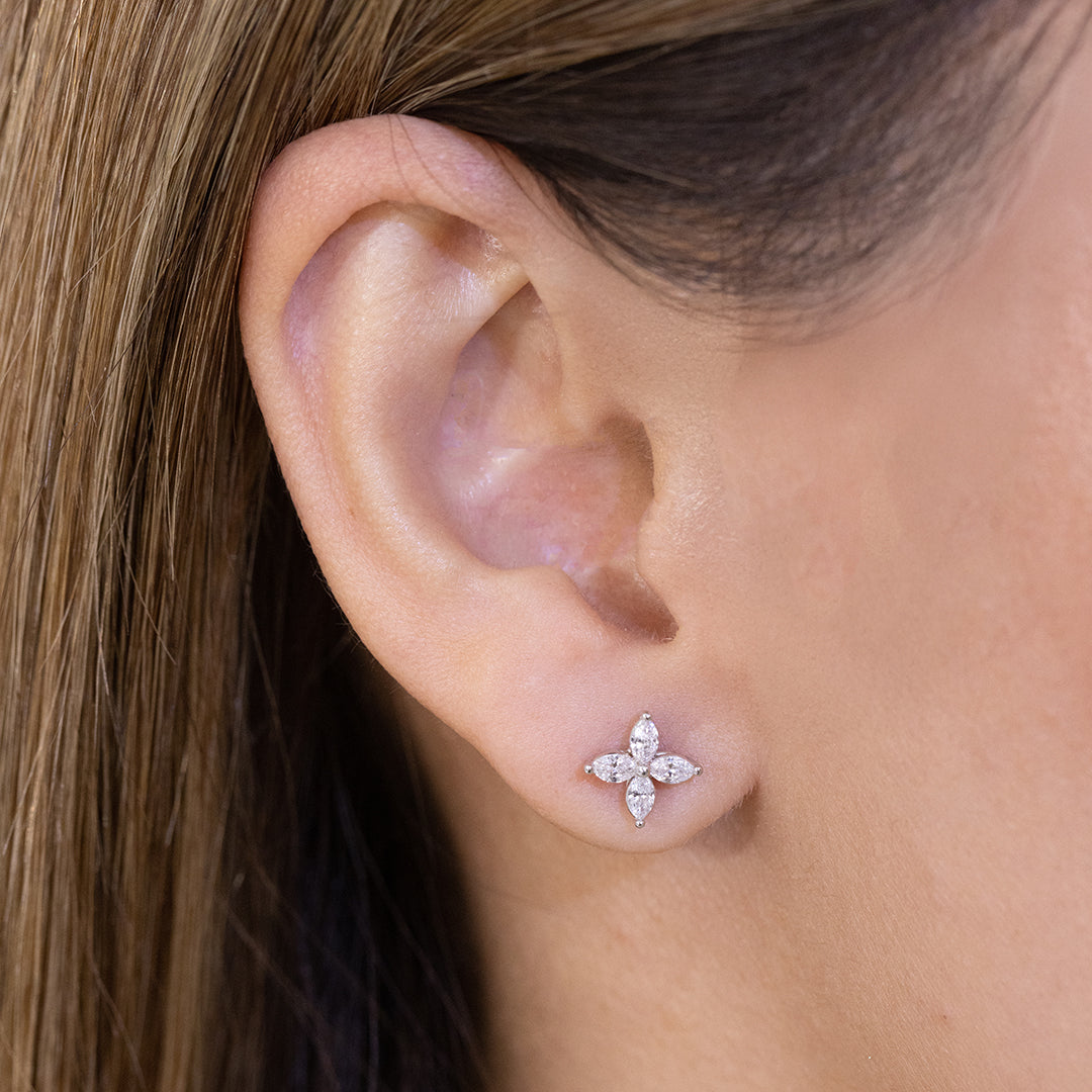 Lab Grown Marquise Diamond La Fleur White Gold Stud Earrings