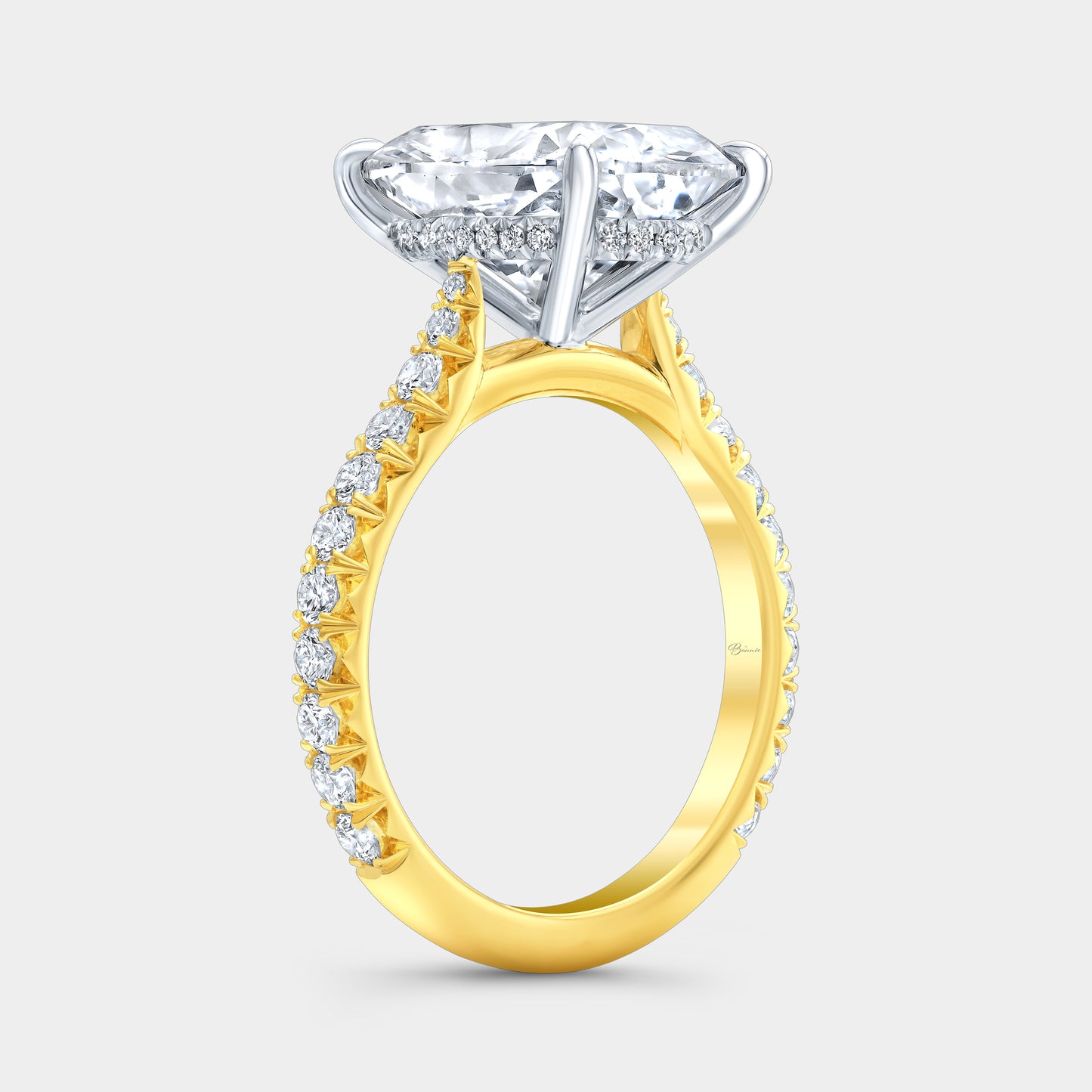 Cushion Diamond Hidden Halo Hidden Purple Amethyst Tapered Cathedral French Pave Yellow Gold And Platinum Engagement Ring