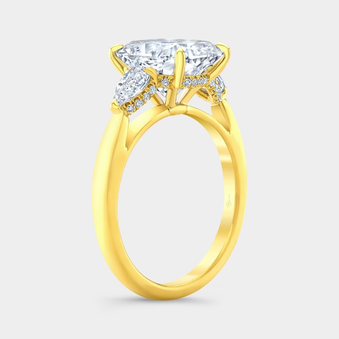 4ct Cushion Cut Diamond 3 Stone Ring with Pears and Hidden Halo Yellow Gold Engagement Ring