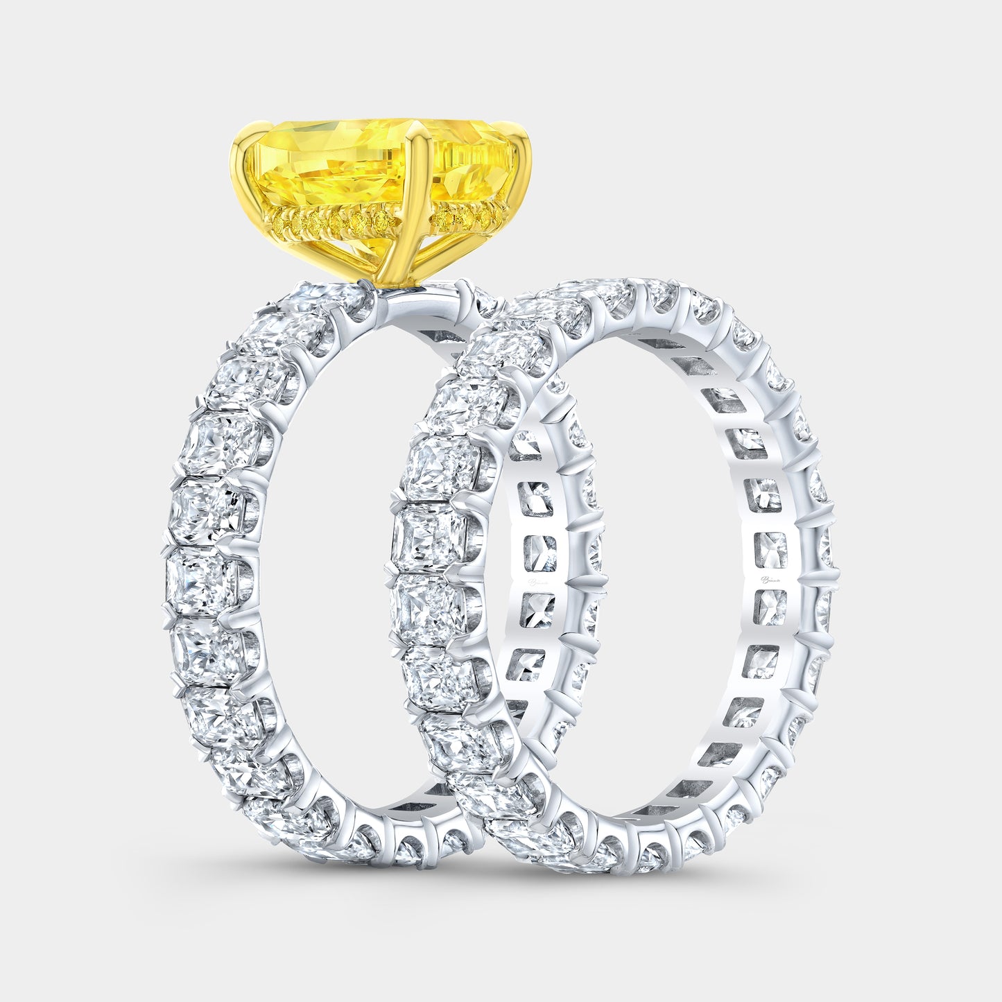 3ct Cushion Canary Yellow Diamond with Radiant Cut Diamond Eternity Ring