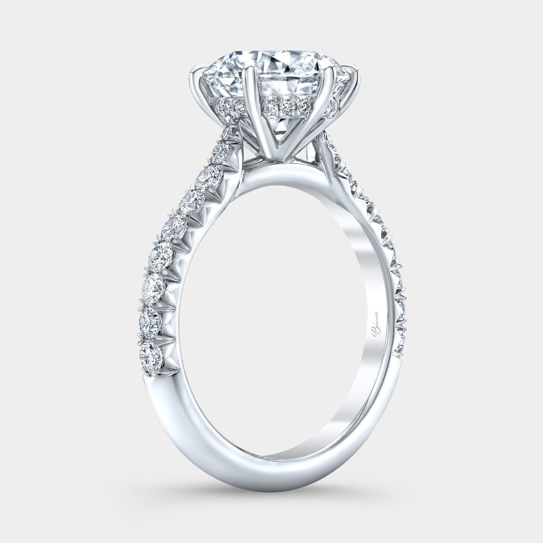 Round Diamond Hidden Halo Tapered Cathedral  6 Prong with French Pave Platinum Engagement Ring