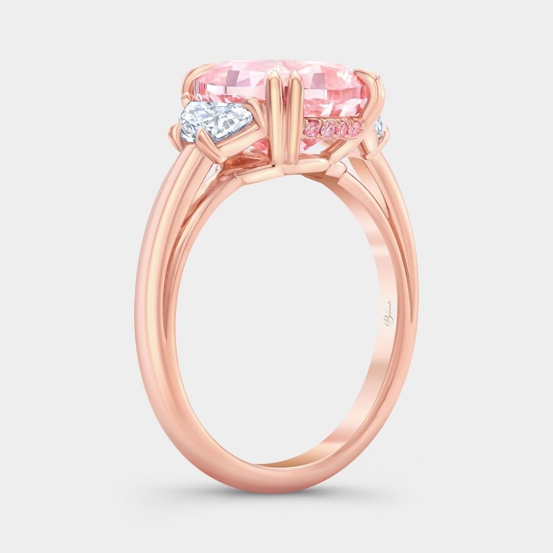 3.50ct Fancy Pink Cushion Diamond Hidden Halo with Half Moon Side Stones Rose Gold Engagement Ring
