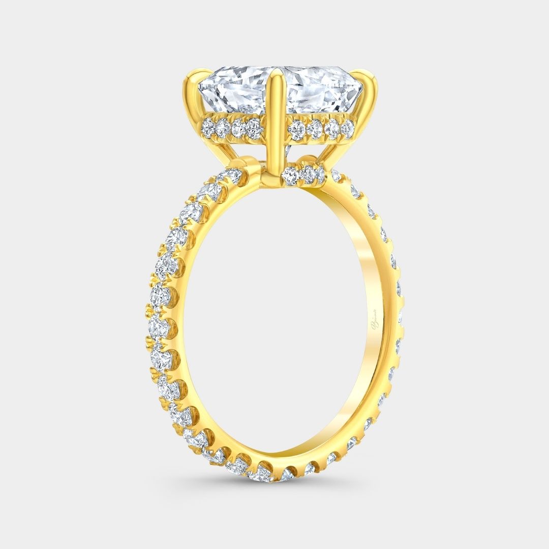 Cushion Diamond Double Hidden Halo U Pave Yellow Gold Engagement Ring