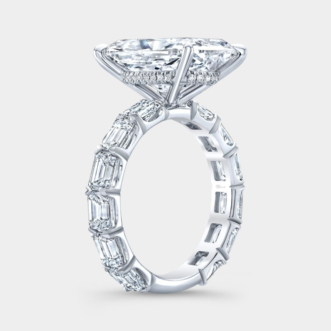 Cushion Diamond Hidden Halo East–West Emerald Cut Diamond Band Platinum Engagement Ring