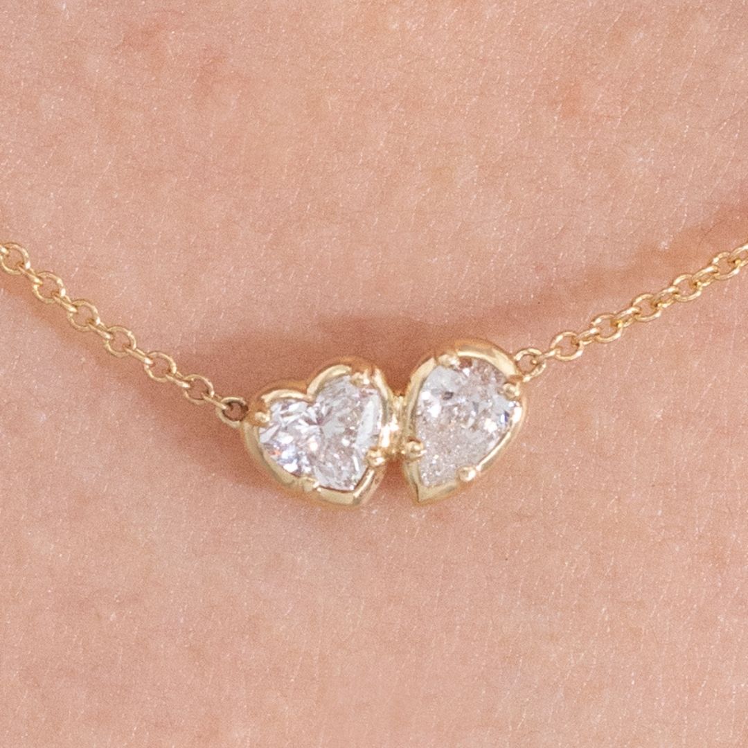 Toi Et Moi Heart & Pear Shape Diamond Bezel Pendant Yellow Gold Necklace