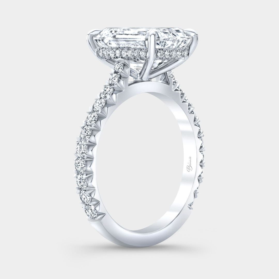 4.10ct Lab Emerald Diamond Hidden Halo Cathedral French Pave Platinum Engagement Ring